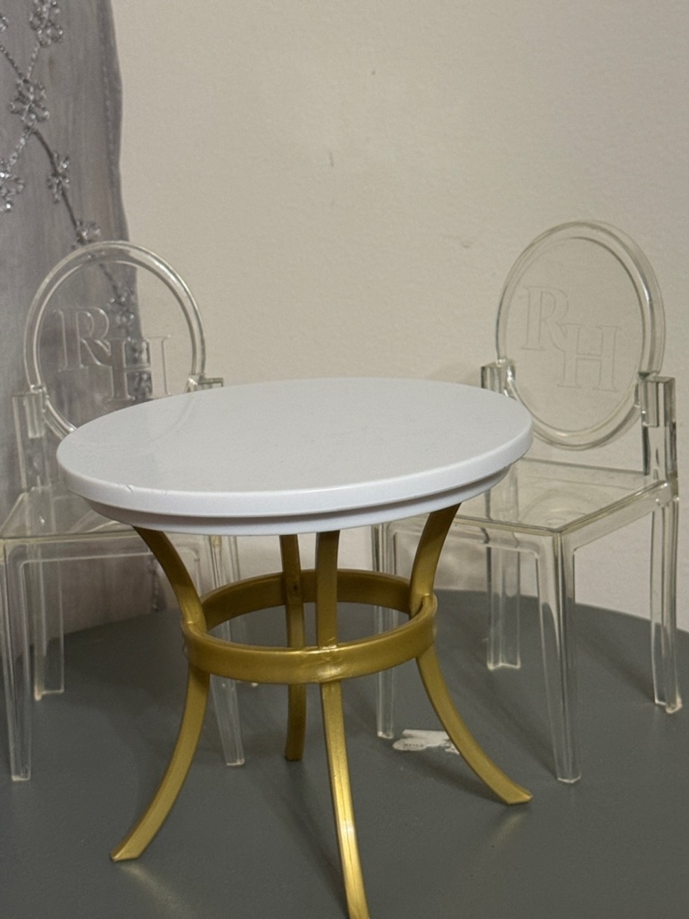 Rainbow High Doll Clear Acrylic Chairs with Gold Table and 2 Chairs